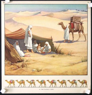 a poster with camels and people in the desert