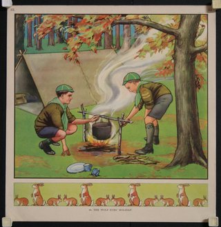 a poster of boys cooking in a campfire