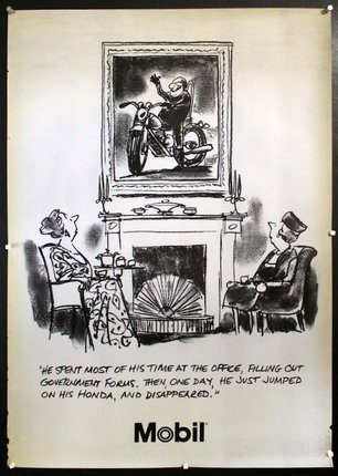 a cartoon of a man and woman sitting in chairs and a picture of a motorcycle