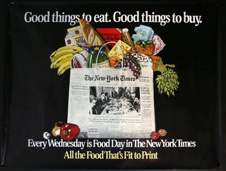 a black and white advertisement with a newspaper and food