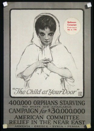 a poster of a child begging for donations