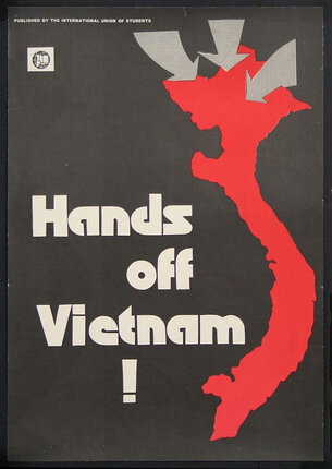 a poster with  red silhouette map of Vietnam