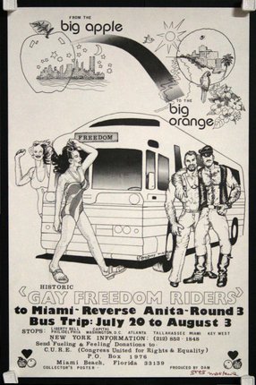 a poster of a man and a woman standing next to a bus