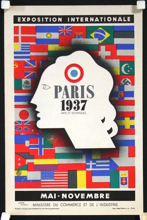 a poster with a head and a flag