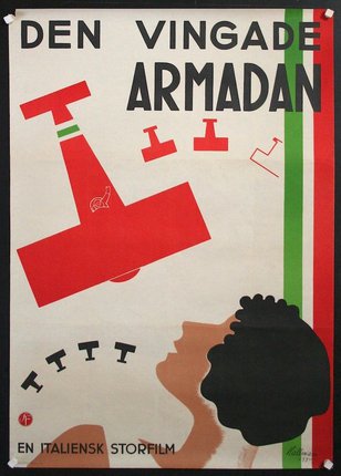 a poster with a woman's head and a red object