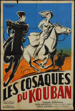 a poster with a man and woman riding horses