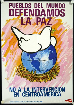 a poster with a white dove on top of a globe