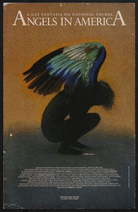 a poster with a silhouette of a sad angel crouching holding its face in its hands