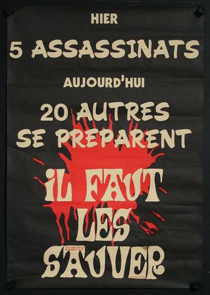 a poster with white text and red splashes