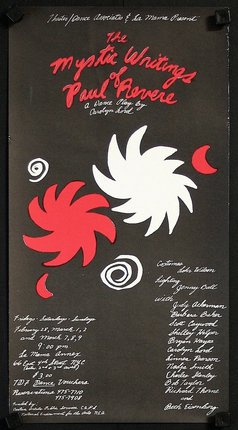 a poster with red and white swirls