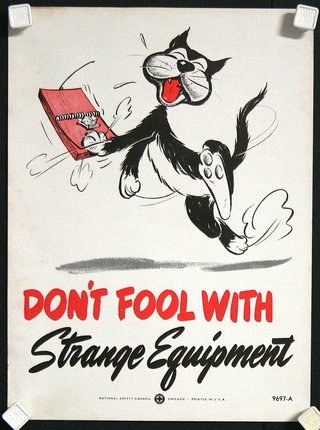 a poster with a cartoon cat running