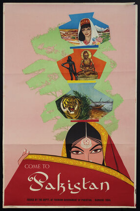 Poster with an illustration of a woman whose eyes peak from behind a shawl. A stack of jugs on her head are decorated with scenes of Pakistan.