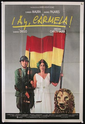 a poster of a man and woman holding flags and a lion