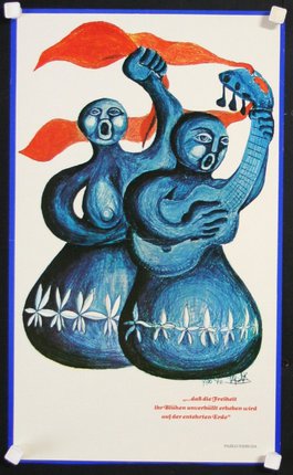 a blue painting of two people playing a guitar