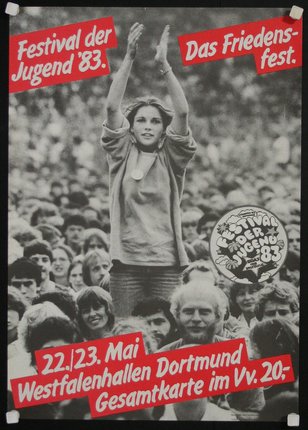 a poster of a woman raising her hands up