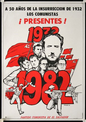 a poster with a group of men and red text