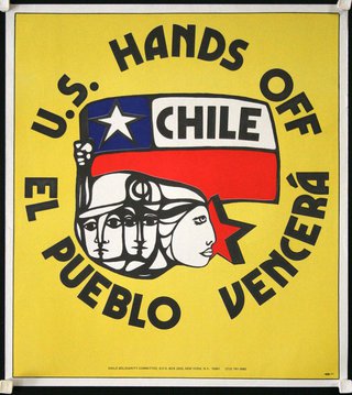 a yellow poster with black text and a red white and blue flag