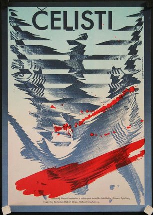 a poster with a red and blue background