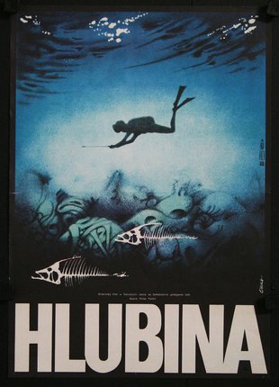a poster of a diver swimming under water