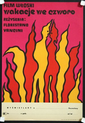 a poster with red and yellow flames