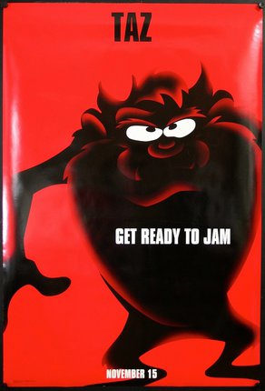 a red and black poster with a cartoon character
