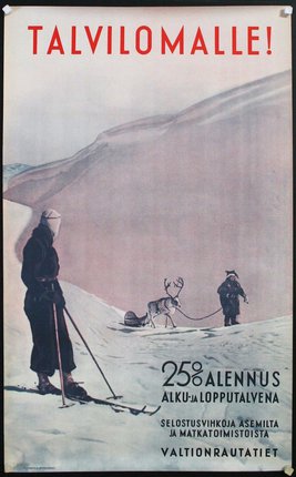 a poster of a man and a dog on a snowy mountain