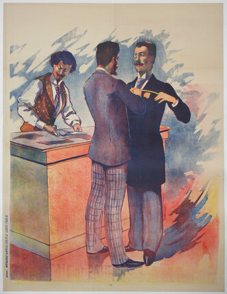 a poster of men standing at a counter