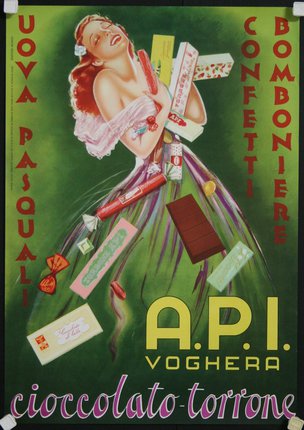 a poster of a woman holding a candy bar