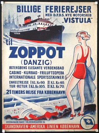 a poster of a woman in a swimsuit and a ship