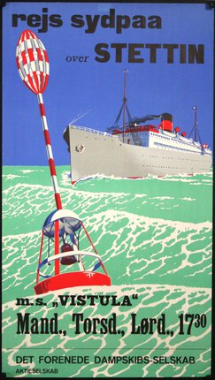 a poster of a ship in the ocean