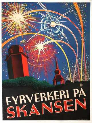 a poster with fireworks in the sky