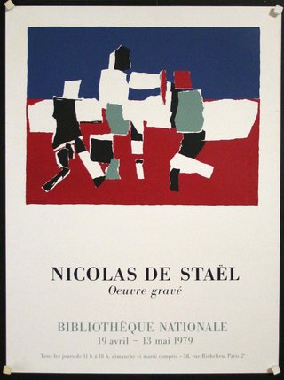 a poster with a red blue and white background