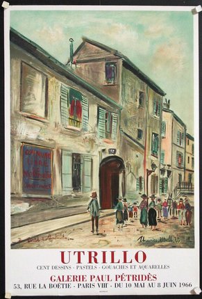 a poster of a street with people walking