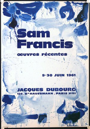 a poster with blue text and blue paint splashes
