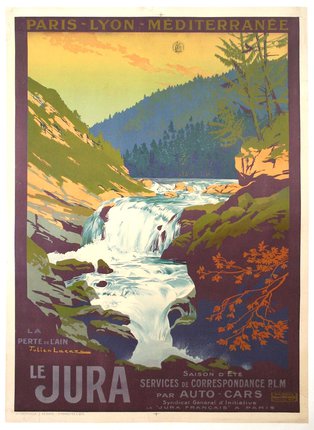 a poster of a river flowing through a forest