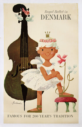 a poster of a girl in a white dress and a stool next to a cello
