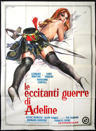 a poster of a woman lying on a bed with a sword