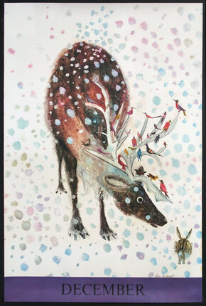 a painting of a deer with birds on it