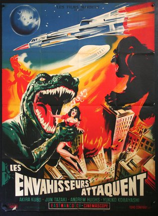 a movie poster with a woman and a dinosaur