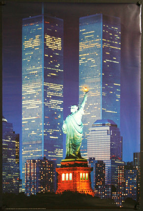 a statue of liberty with two twin towers