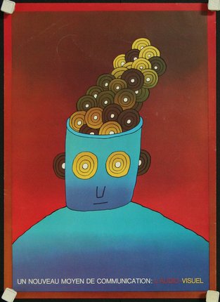 a blue and yellow poster with a blue head with gold circles on it