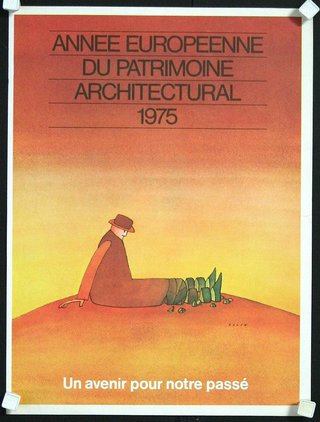 a poster of a man sitting on a hill