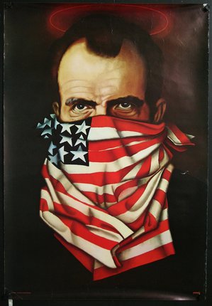 a man with a flag covering his face