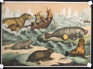 a painting of seals and a man in a boat
