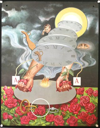 a poster with a clock and flowers