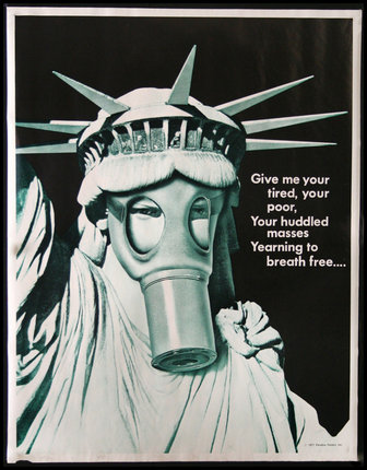 a poster of a statue of liberty with a gas mask