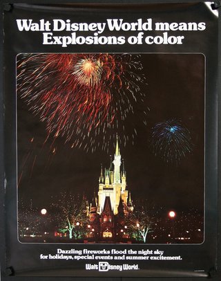 a poster with a castle and fireworks