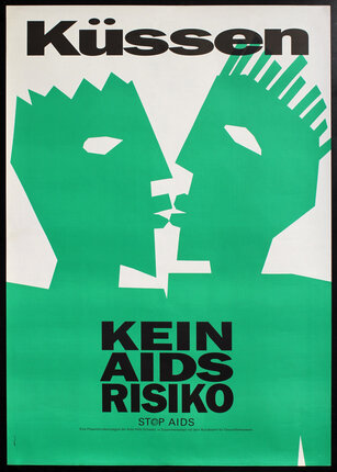 a poster with two abstract green silhouettes of faces kissing
