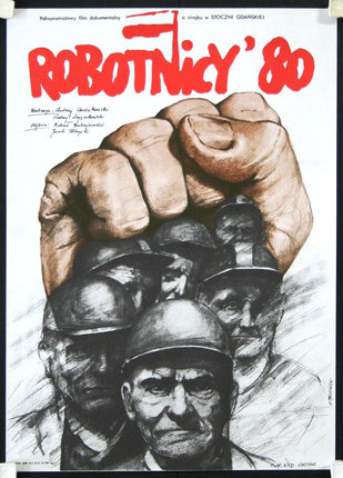 a poster with a fist and a group of men