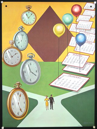 a calendar with clocks and balloons